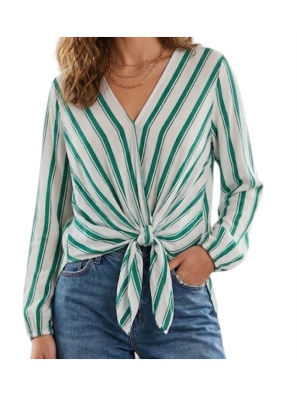 June & Hudson Green & White Striped FauxWrap Tie Front Boho Career Blouse Medium